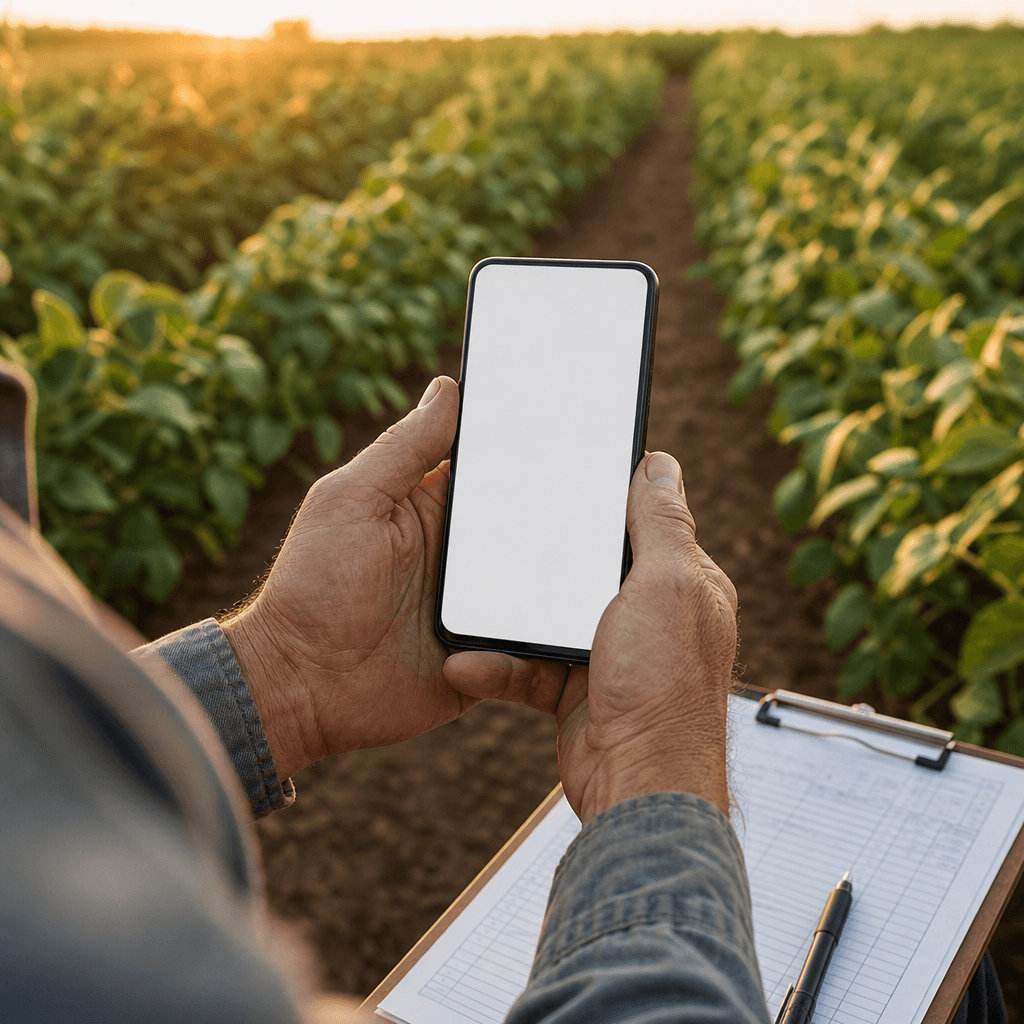 Contractor's hands holding phone at field edge