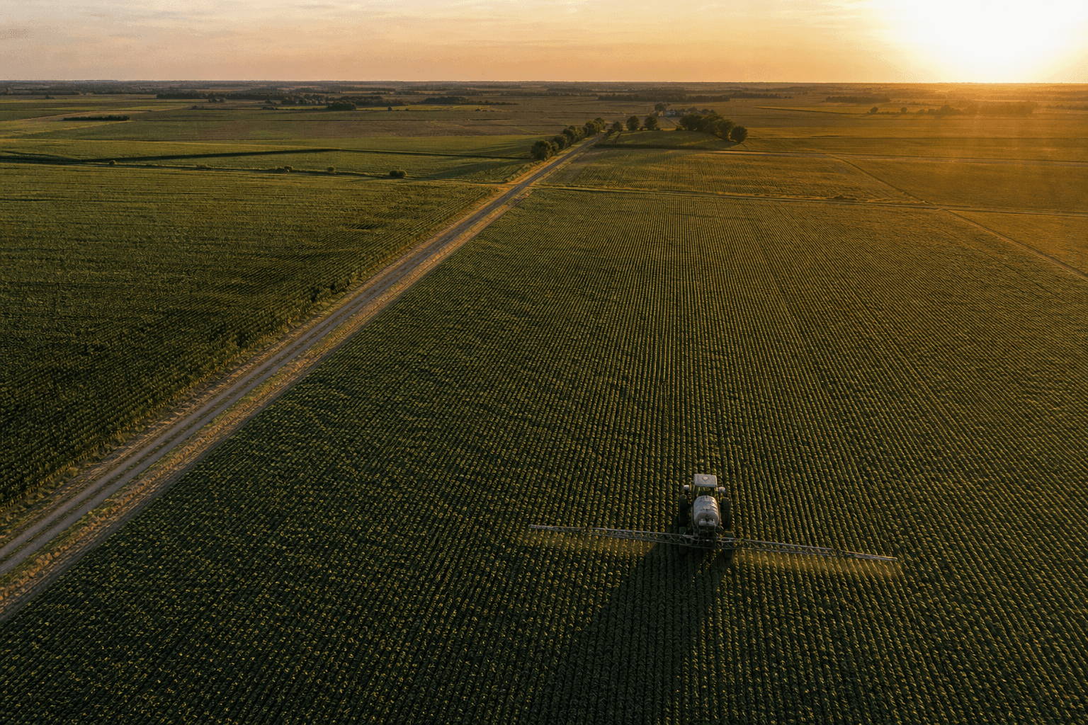 Aerial view of soybean field at sunset with sprayer rig