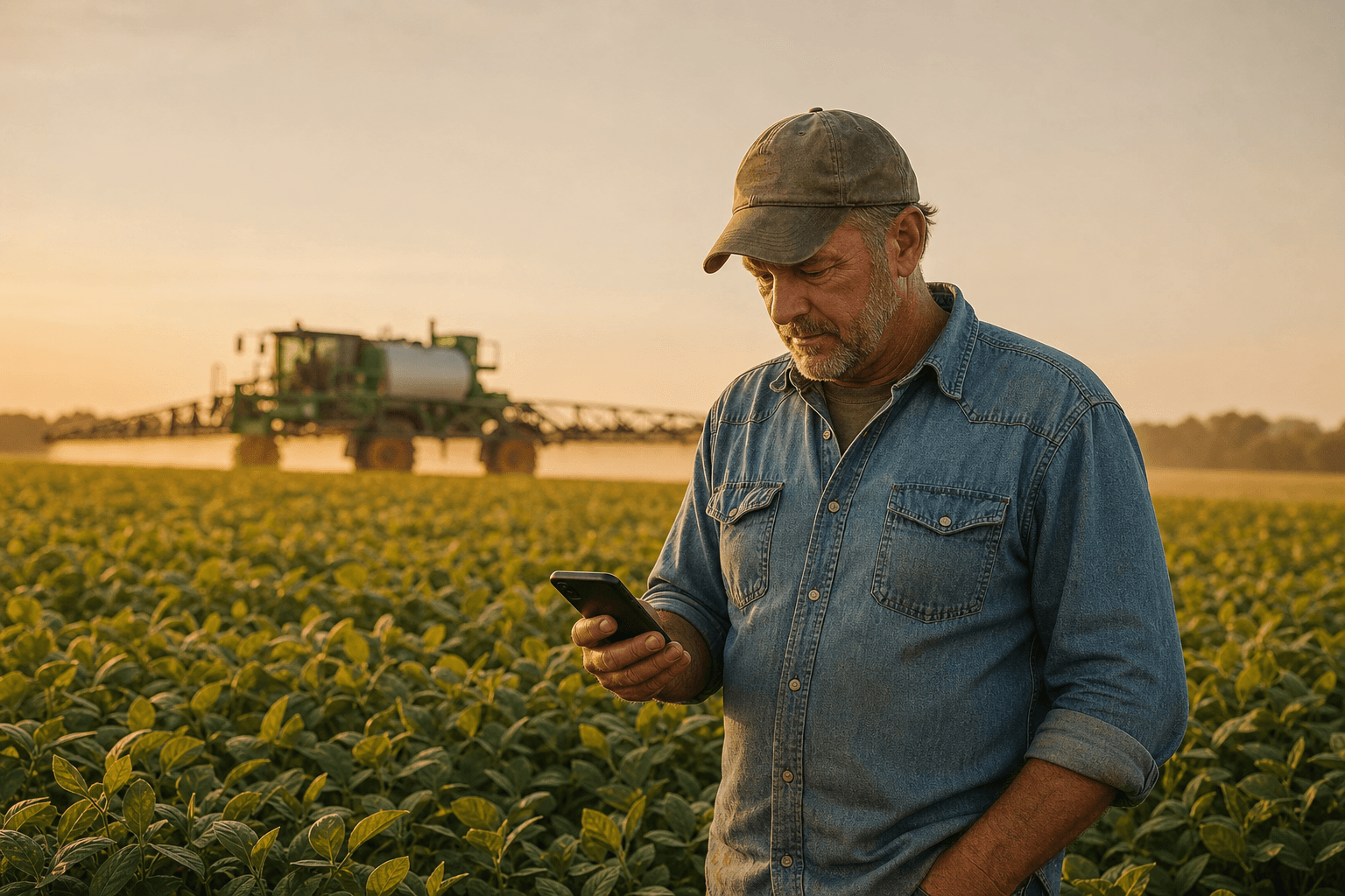 Farm operations manager checking compliance log on his phone at the edge of a soybean field at golden hour
